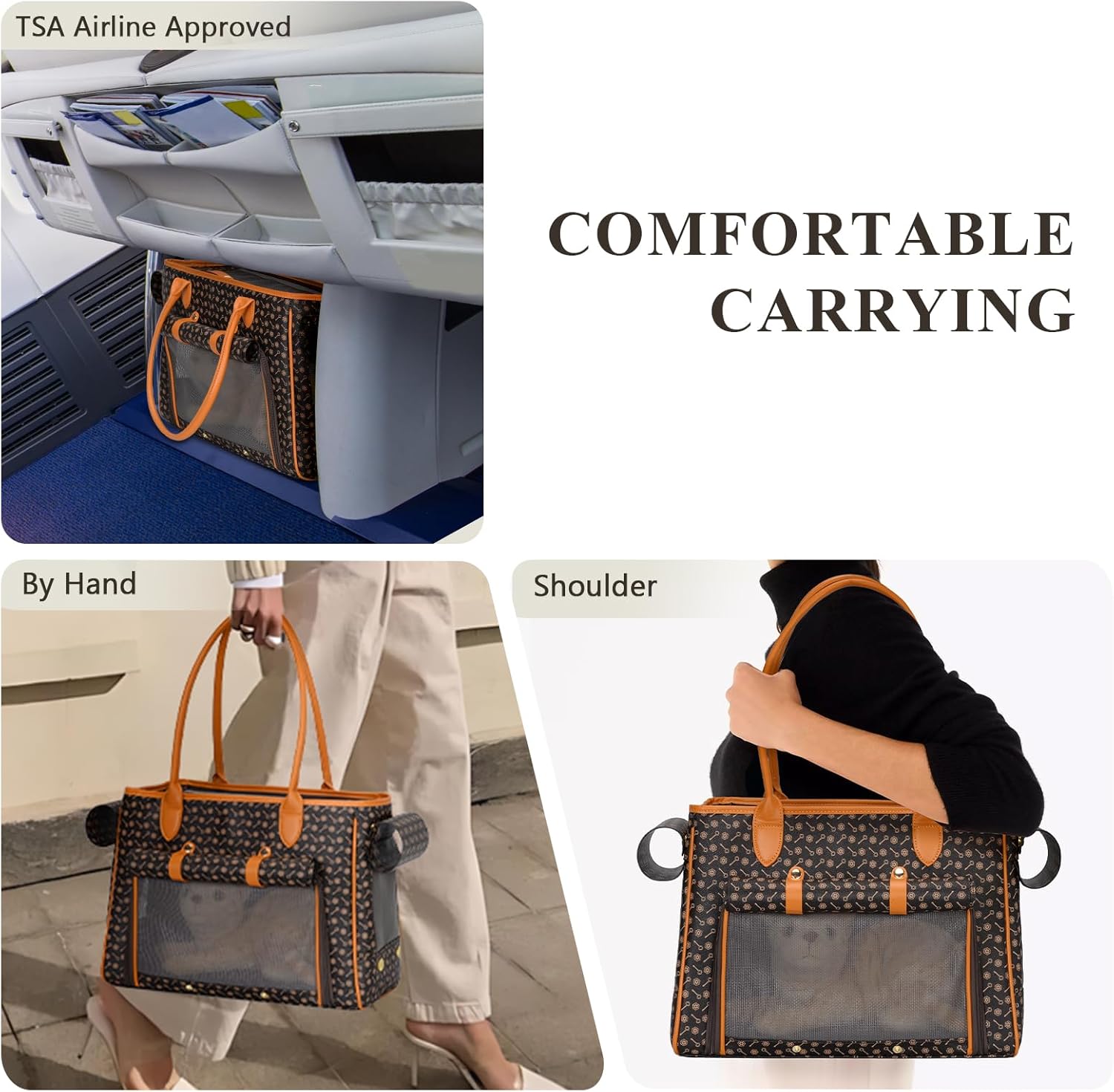 Minsong Fashion Pet Carrier Purse for Small Cat and Dog, Luxury Pu Soft-Sided Tote Bag with Large Pockets for Dogs and Puppies (Coffee, 15.8" L x 7.5" W x 11.8" H)