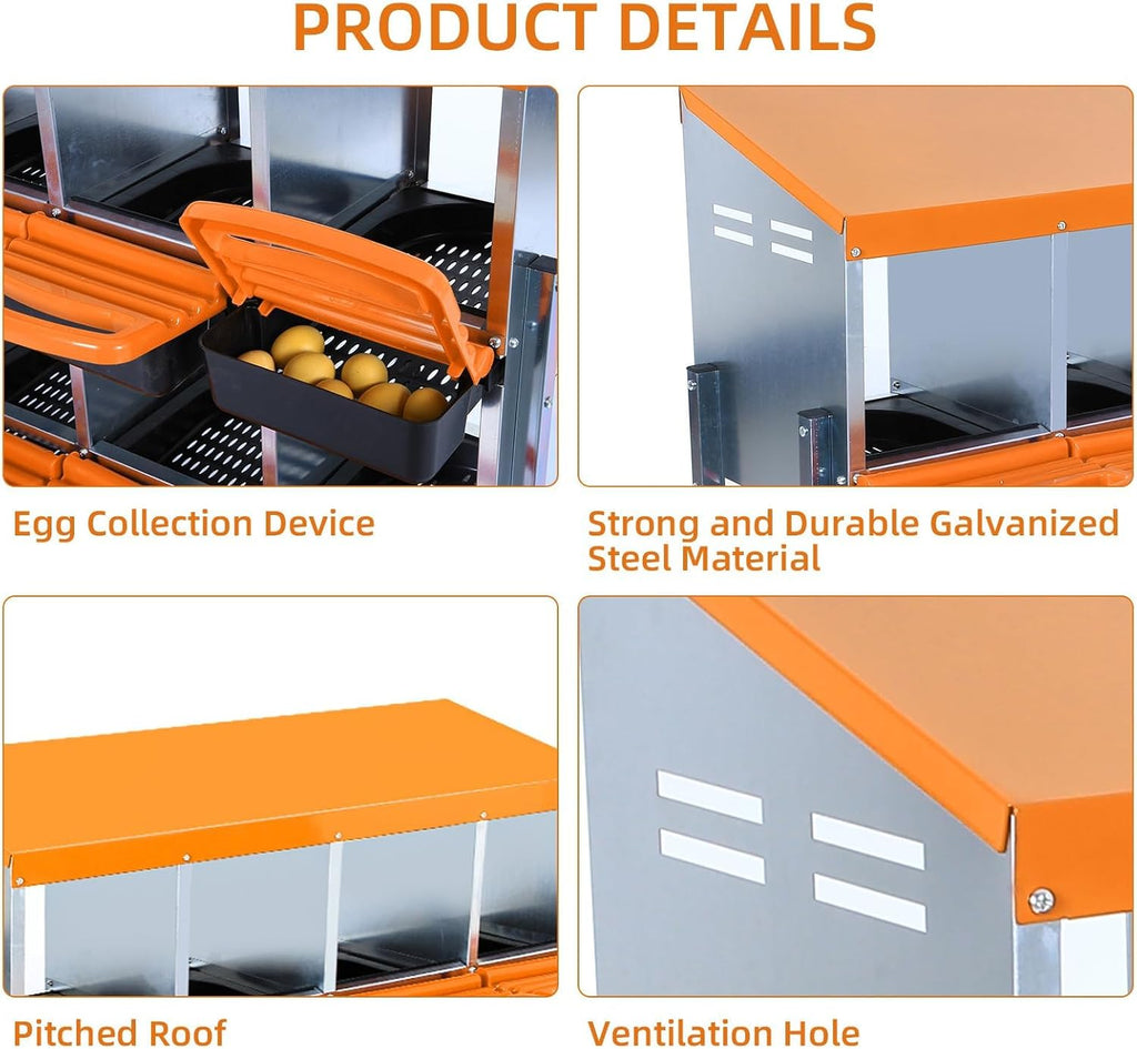 Chicken Nesting Boxes, 10 Hole Metal Chicken Laying Box with with Removable Trays and Roll Out Egg Collection for Chicken Coop, with Metal Bracket, Orange