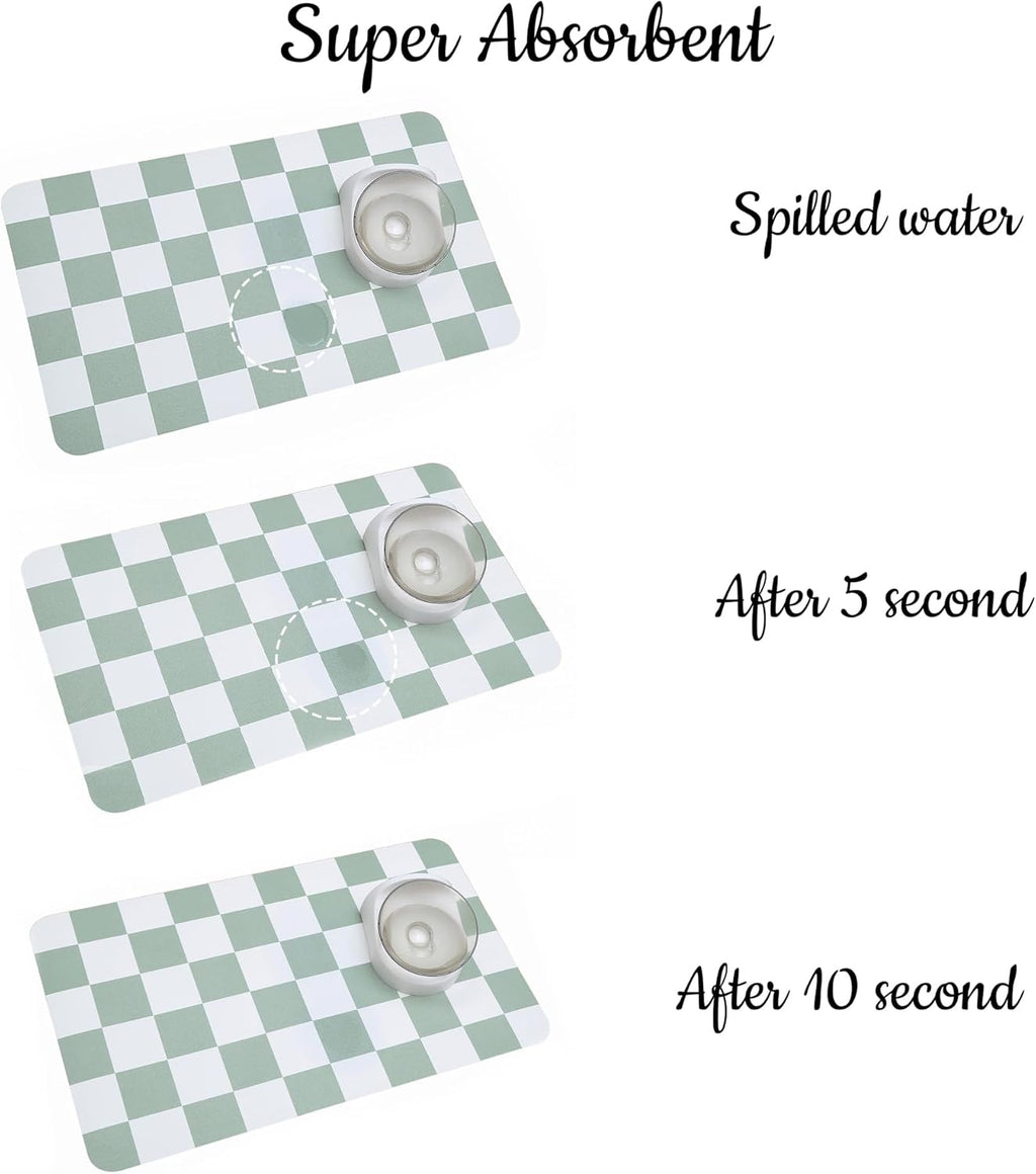 Ralxion Checkered Dog Feeding Mat, Absorbent Mats for Dog Food and Water Bowl, Dispenser, Retro Modern Aesthetic Sage Green Checkerboard Pet Placemat for Dogs, Cats, Puppy Accessories, 12" X19”
