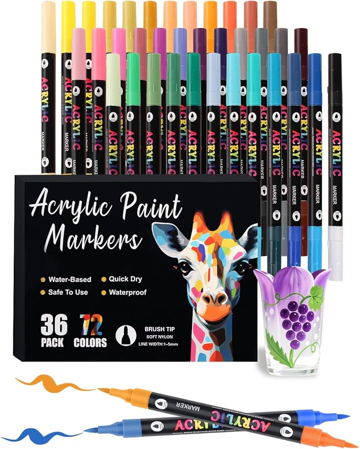 72 Colors Acrylic Paint Markers with 36 Dual-Color Brush Tips, Double Tips Acrylic Paint Pens for Rocks, Eggs, Wood, Rock, Canvas, Plastic, Glass, Ceramic
