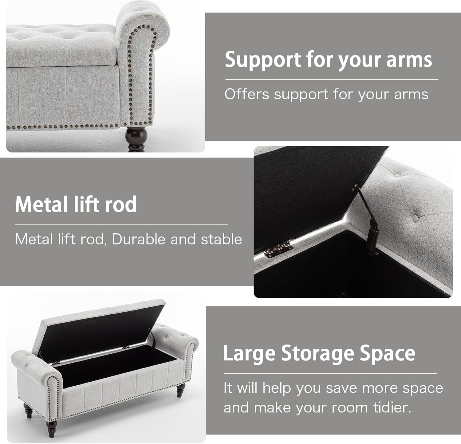 58’’ Storage Bench for Bedroom, Upholstered Button-Tufted Ottoman with Solid Wood Legs, Queen Size End of Bed Shoe Cabinet, Window Seat Foot Rest Stool for Entryway, Living Room (Silver)