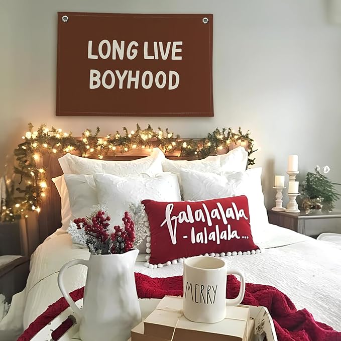 Lacama Long Live Boyhood Banner, Vintage Linen Wall Hanging Flag for Nursery Playroom, Toddler Boys Room Decor, 30x20 Inch