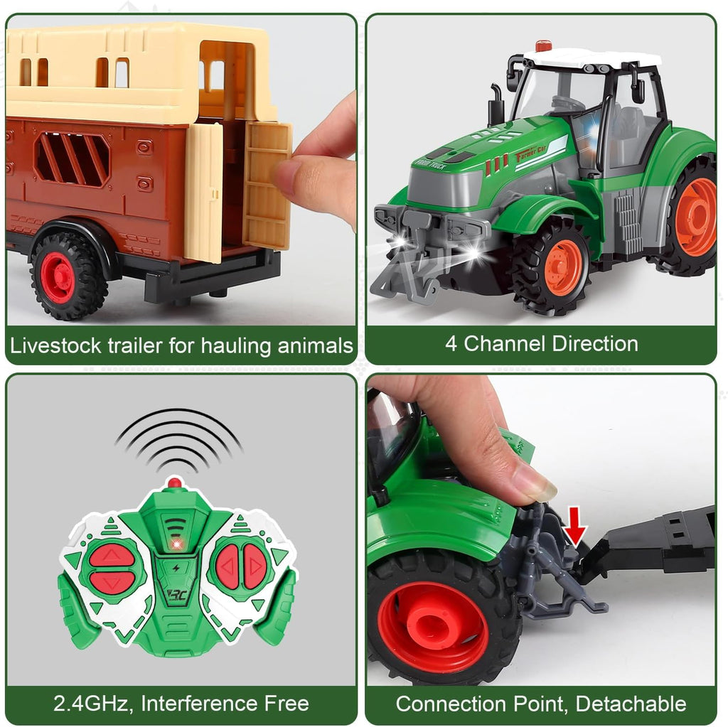 fisca Remote Control Tactor Toy Set & 33PSC Farm Vehicle Playset - Animal Figurines ,2.4GHz 1/24 Scale RC Tractor,Livestock Trailer, Fence with Light for Kids Age 4, 5, 6, 7 and Up Years Old