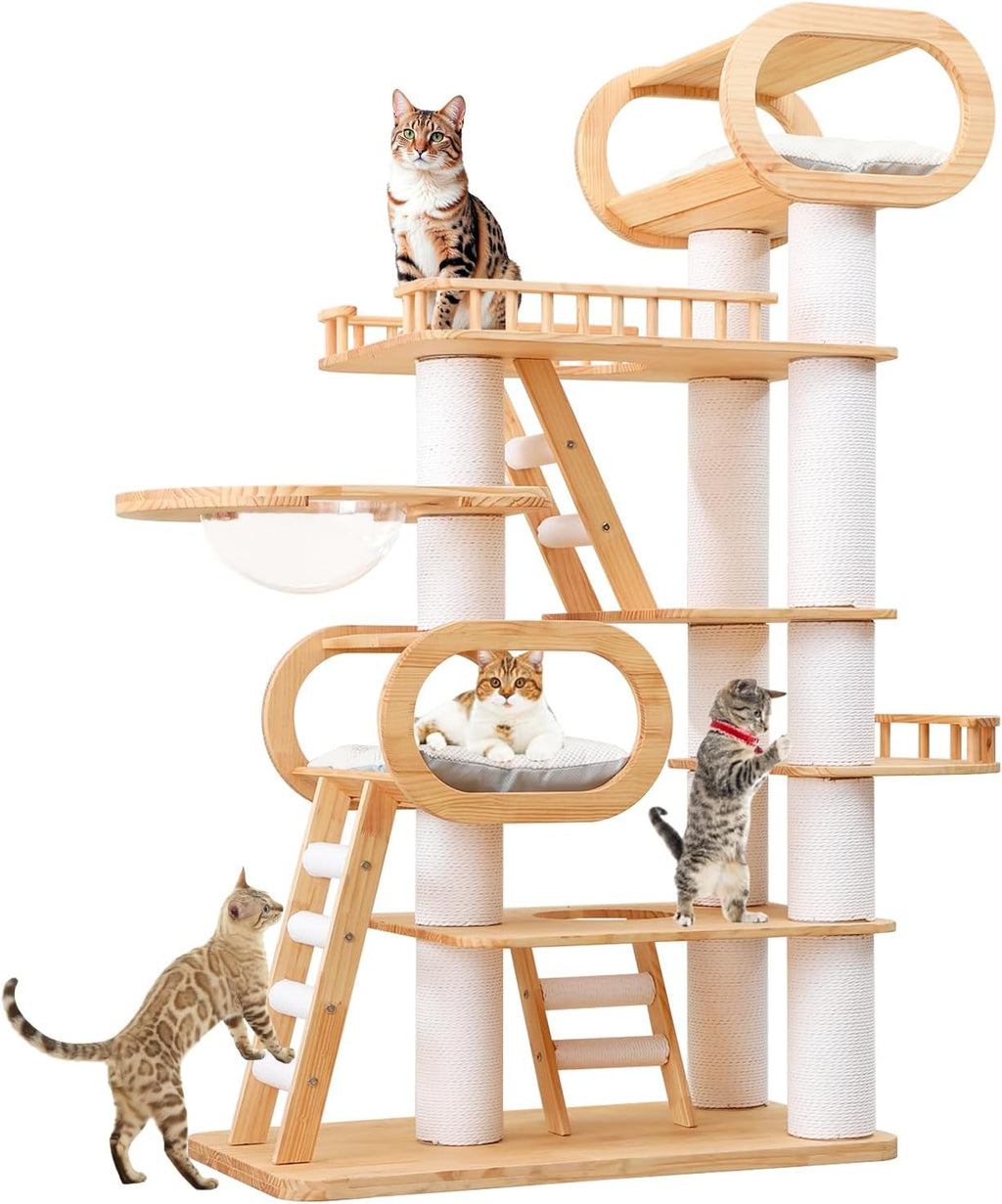 77‘’ Modern Cat Tree, Tall Wood Cat Tower for Indoor Cats Large Adult, Heavy Duty Cat Tree with Scratching Post, Luxury Kitty Condo, Sturdy Cat Furniture with 1 Transparent Bed and 3 Climb Labber