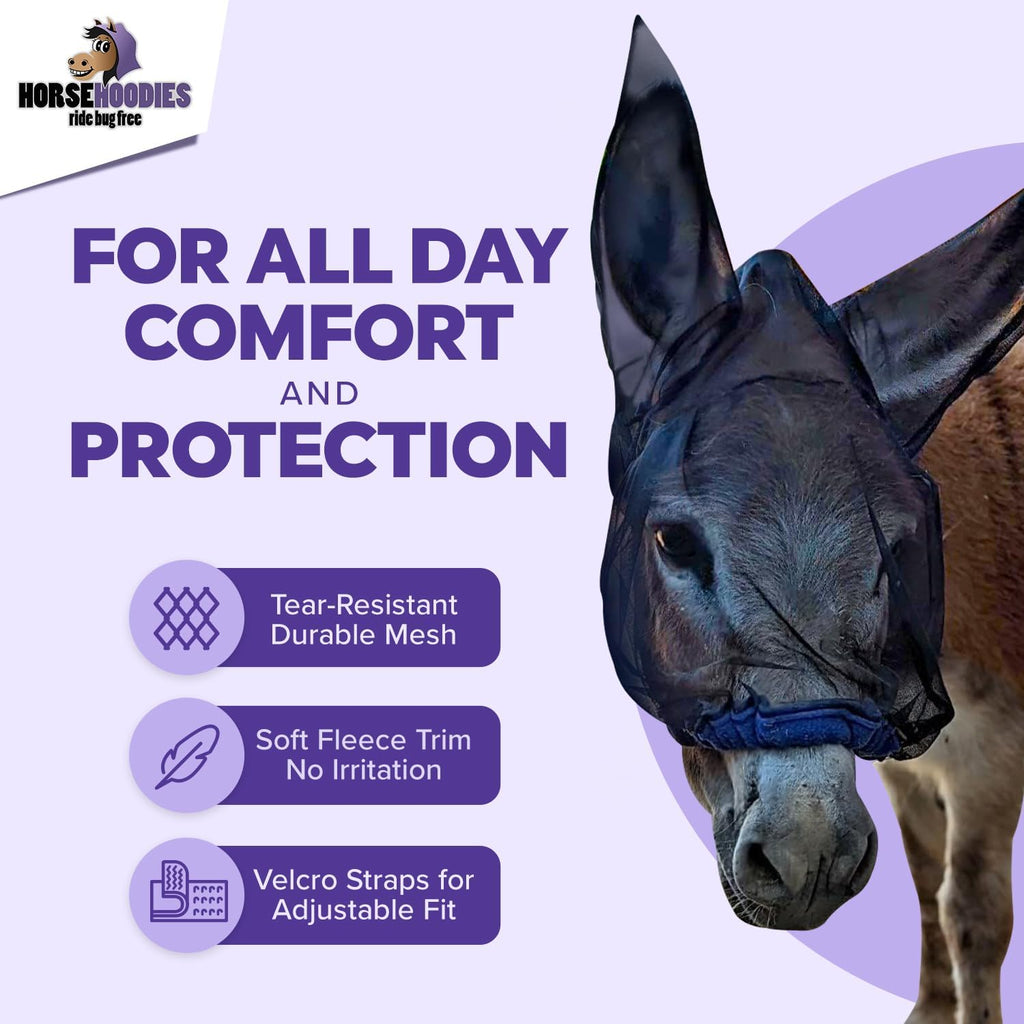 Donkey Fly Mask with Long Ears (Black) Made in USA - Mule Fly Mask with Ears Protection from Insects and Bugs, Small Donkey Soft Mesh Fabric with Adjustable Fastener, Face Cover Supplies for Donkeys