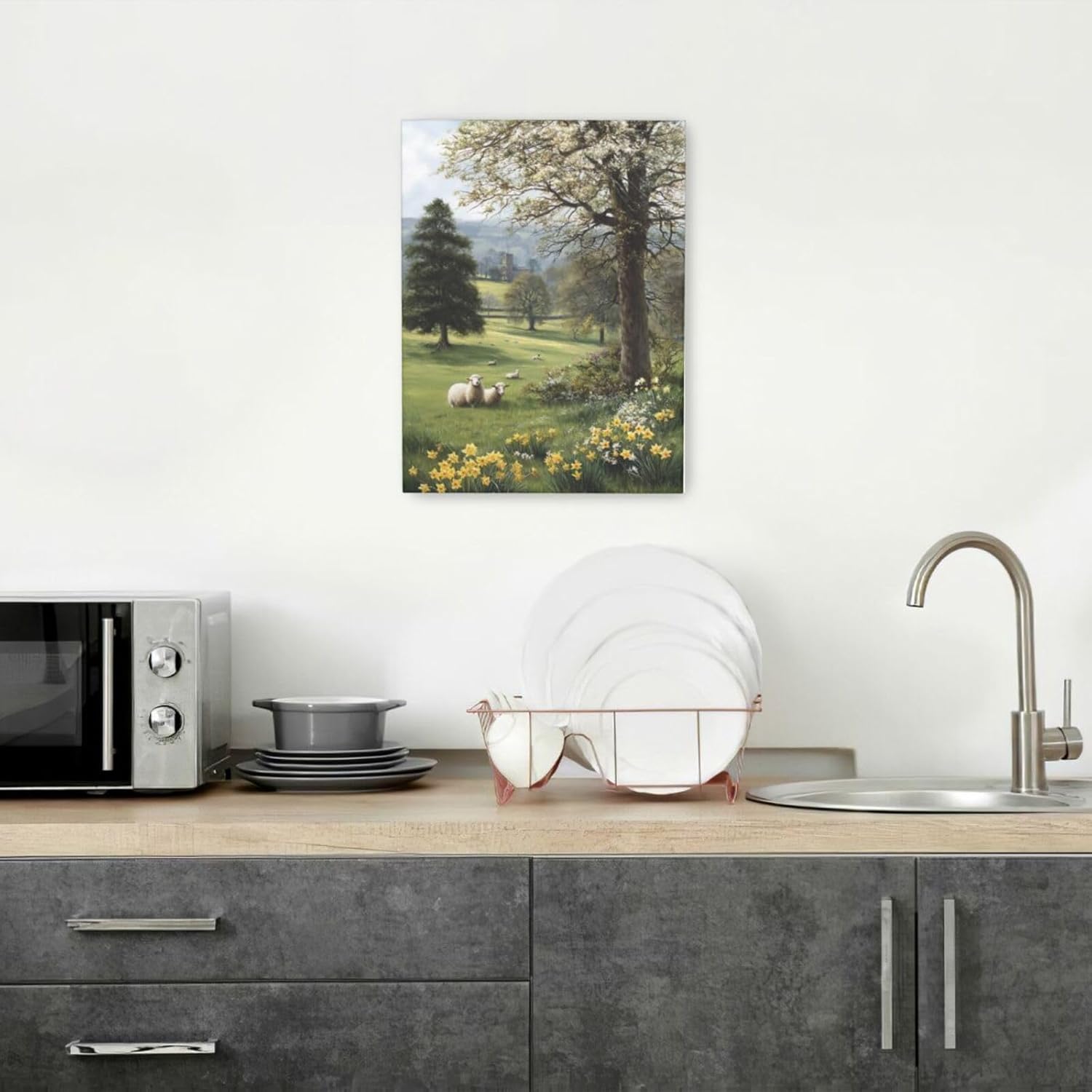 Country Sheep Canvas Wall Decor Farmhouse Rustic Lamb Wildflower Wall Art Nature Countryside Landscape Pictures Painting Print Framed Artwork Decorations for Bathroom Living Room Bedroom 12"x16"