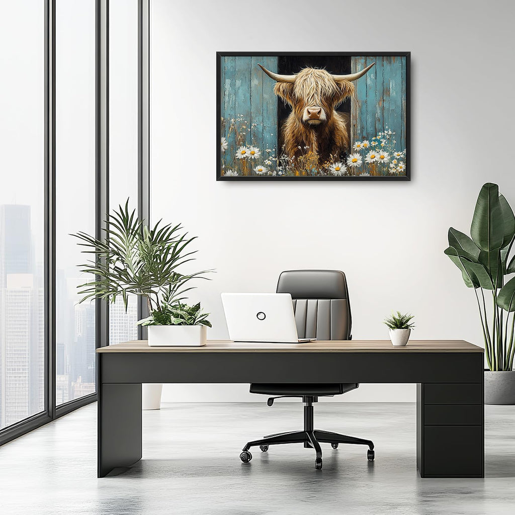 Large Farmhouse Highland Cow Country Wall Art for Living Room, Floral Canvas Oversized Wall Decor, Daisy Flower Animal Framed Pictures Painting Print Artwork for Bedroom Office 36"L x 24"W