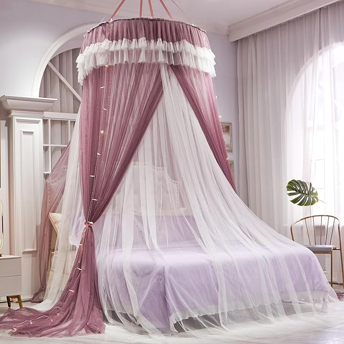 AIKASY Girls and Adults Canopy Bed, Elegant Double-Layer Bed Curtain, Children's Dream Round Lace Mosquito Net, Princess Canopy Net - Fits Twin, Full, Queen, and King Beds (White/Red Bean)