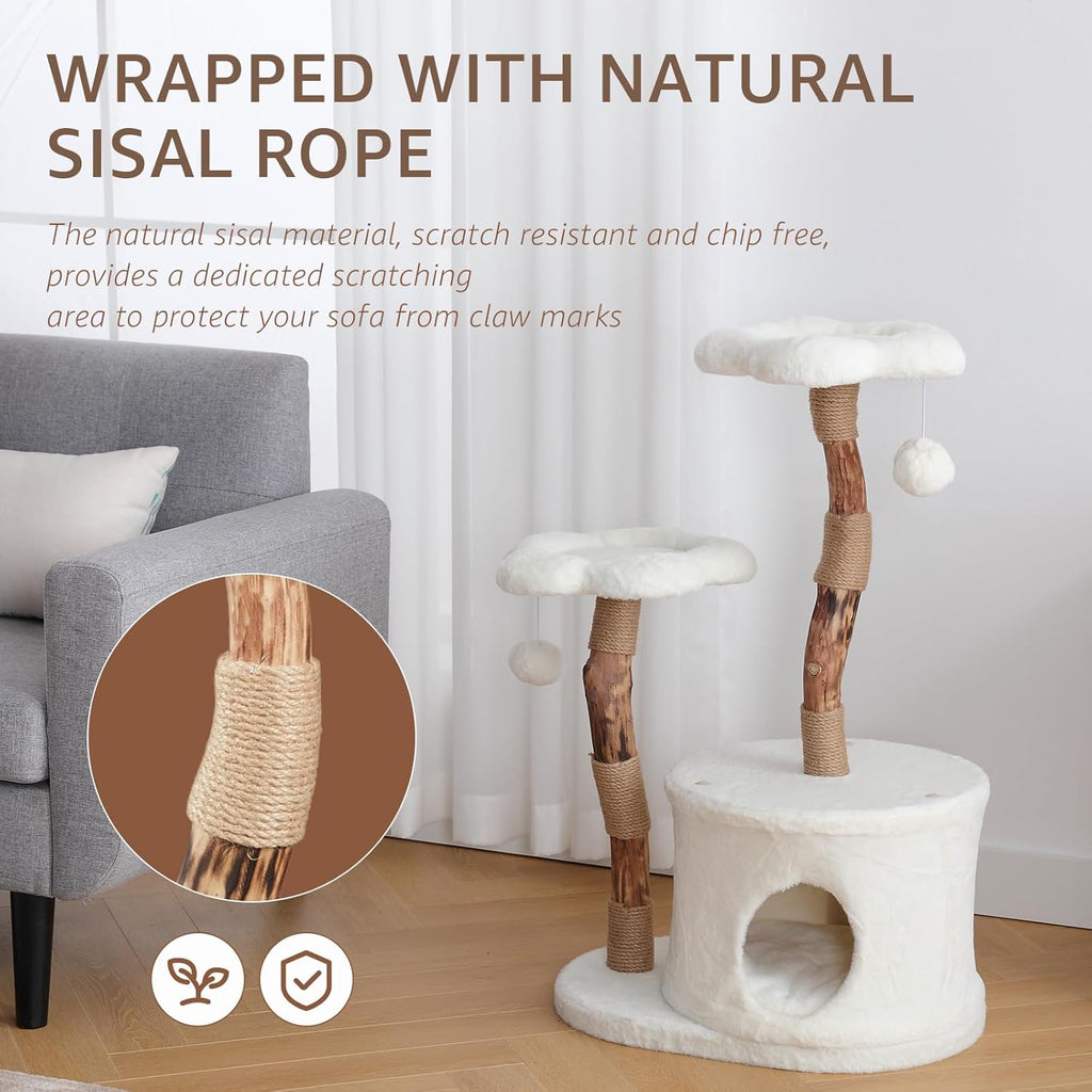 NATURAL EXPRESSIONS Modern Cat Tree and Tower for Indoor, Luxury Solid Wood Condo for Large Cats, Flower Cat Tree with Scratching Post, Cat Climbing Furniture with Cat Hiding Enclosure