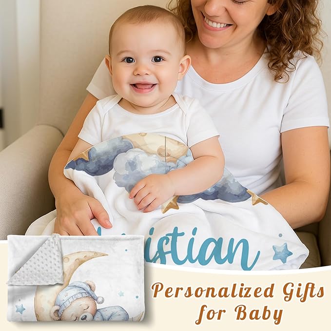 Personalized Baby Blanket with Name, Customized Blanket for Newborn Boys Girls, Sleepy Bear Theme Baby Name Blanket with Dotted Backing, Receiving Swaddle, Baby Shower Birthday Gifts(30”x40)
