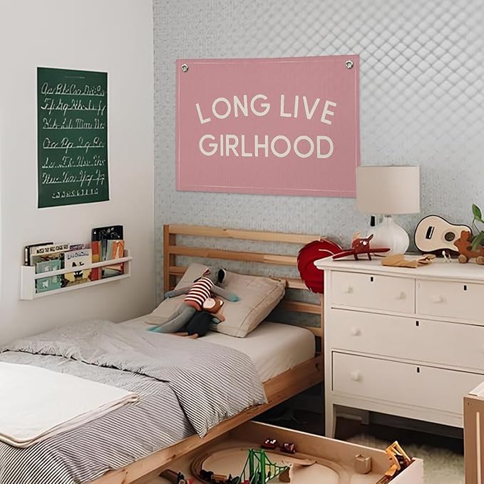Long Live Girlhood Pink Linen Canvas Wall Banner, Girls Nursery Decor, Toddler Room Wall Hanging, Inspirational Canvas Art, Playroom Sign, Baby Girl Gift Idea 20x30 Inch