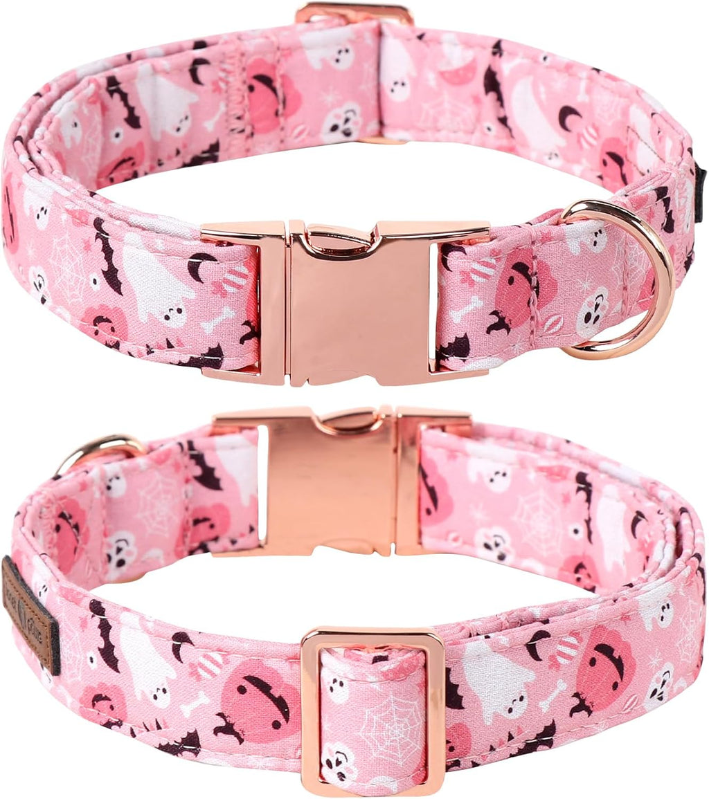 Lionet Paws Halloween Dog Collar, Cute Fall Pink Dog Collar for Medium Dogs, Adjustable Cotton Pumpkin Ghost Pet Collars for Small Medium Dogs