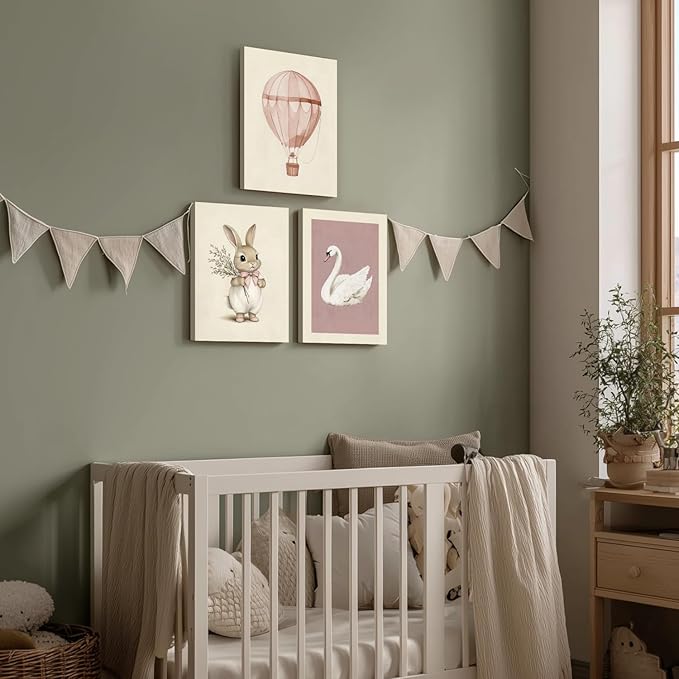 kilamino Pink Baby Girl Nursery Wall Art, Neutral Cute Rabbit and Swan Wall Decor, Vintage Hot Air Balloon Poster Prints, Pastel Bunny Animals Canvas Paintings for Baby Room Playroom Framed 16"x24"x3
