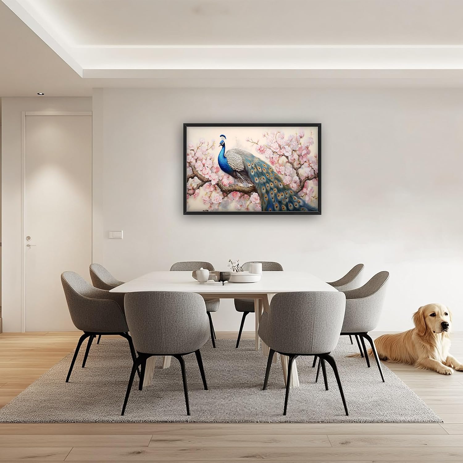 Quorin Peacock Large Wall Art Elegant Peacock Pictures Wall Decor Pink Flower Tree Canvas Print Painting Artwork for Bathroom Living Room Bedroom 36L x 24W