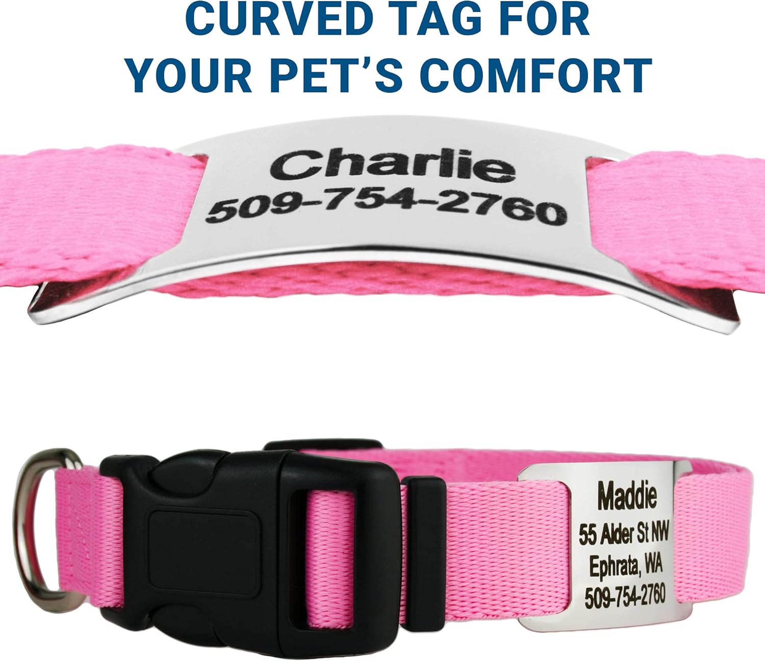 GoTags Personalized Dog Collar with Nameplate, Adjustable Dog Collar with Custom Engraved Slide On Pet ID Tag in Stainless Steel, Silent, No Noise Dog Tag for Large Medium and Small (Pink, Large)