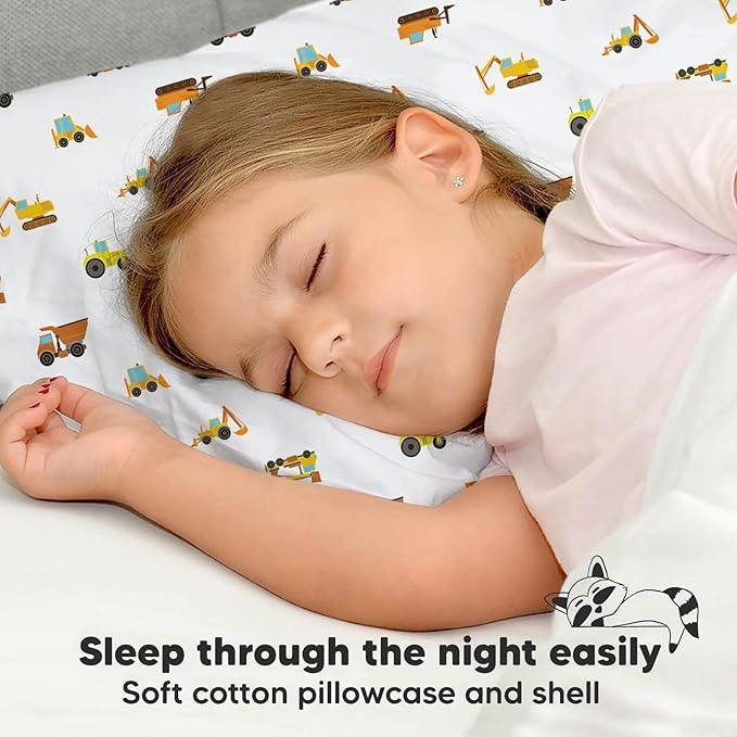 Toddler Pillow with Pillowcase - 13x18 My Little Dreamy Kids Travel Bed Pillows for Sleeping, Organic Cotton Small Pillowcase, Soft & Breathable, Machine Washable, Toddlers 2-5 years old(Construction)