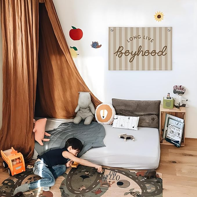 Boys Room Decor Long Live Boyhood Banner，Vintage Playroom Bedroom Nursery Wall Hanging Decor, Retro Kids Room Decor Stripes Flag Banner 30x20 boyroom