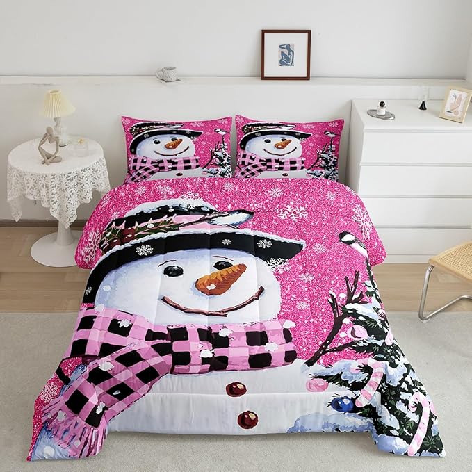 Feelyou Kids Christmas Theme Decorations Bedding Set Xmas Snowman Comforter Set for Boys Girls Snowflake Kawaii Cute Hot Red Bedroom Collection Twin Size