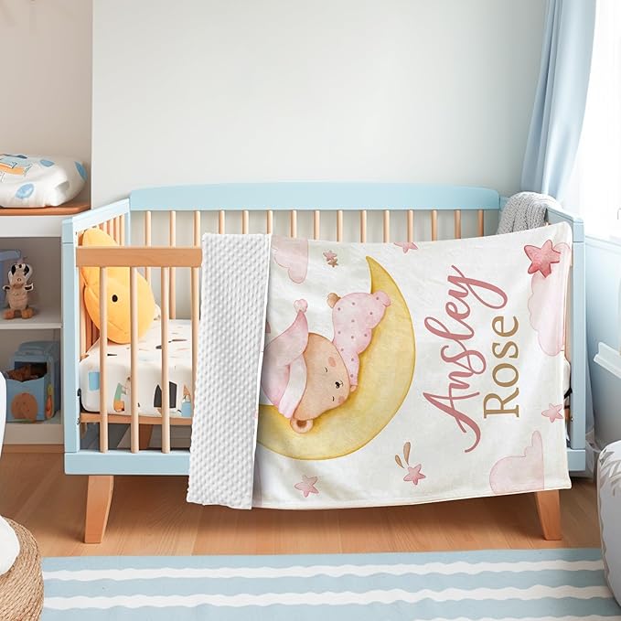 Personalized Baby Blanket for Girls, Custom Name Blanket for Newborn Toddler, Soft Flannel with Double Layer Dotted Backing, Gifts for Baby Shower Christmas Birthday, Pink Moon Bear(60" x80)