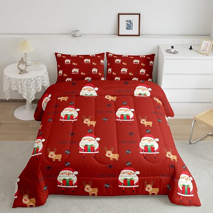 Feelyou Santa Claus Comforter Set Christmas Deer Decorations Bedding Set for Kids Boys Girls Winter Snowflake Comforter Merry Christmas Khaki Red Quilt Collection 2Pcs Twin Size