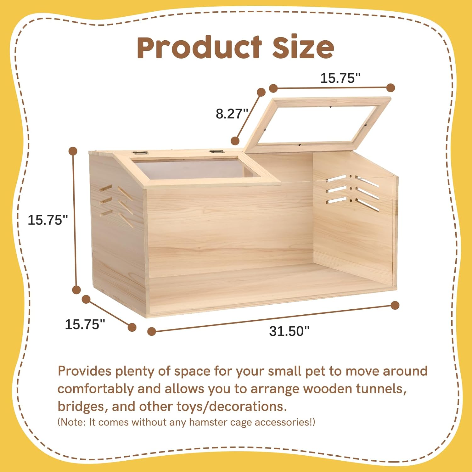 Snowtaros Wooden Hamster Cage, Large Hamster Cages and Habitats Chewproof, with 2 Openable Acrylic Top, Small Animal Cage for Mouse Gerbil Quail Dwarf Syrian Hamsters (31.5" L*15.7" W*15.7" H)