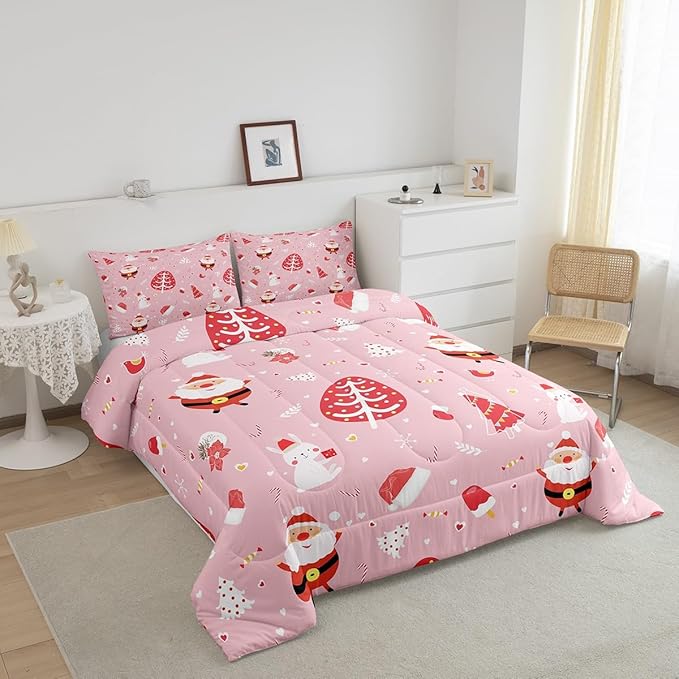 Feelyou Santa Claus Bedding Set Cute Rabbit Kawaii Pink Comforter for Kids Boys Girls Decor Merry Christmas Comforter Set Girly Pink Quilt Set Bedroom Collection 3Pcs King Size
