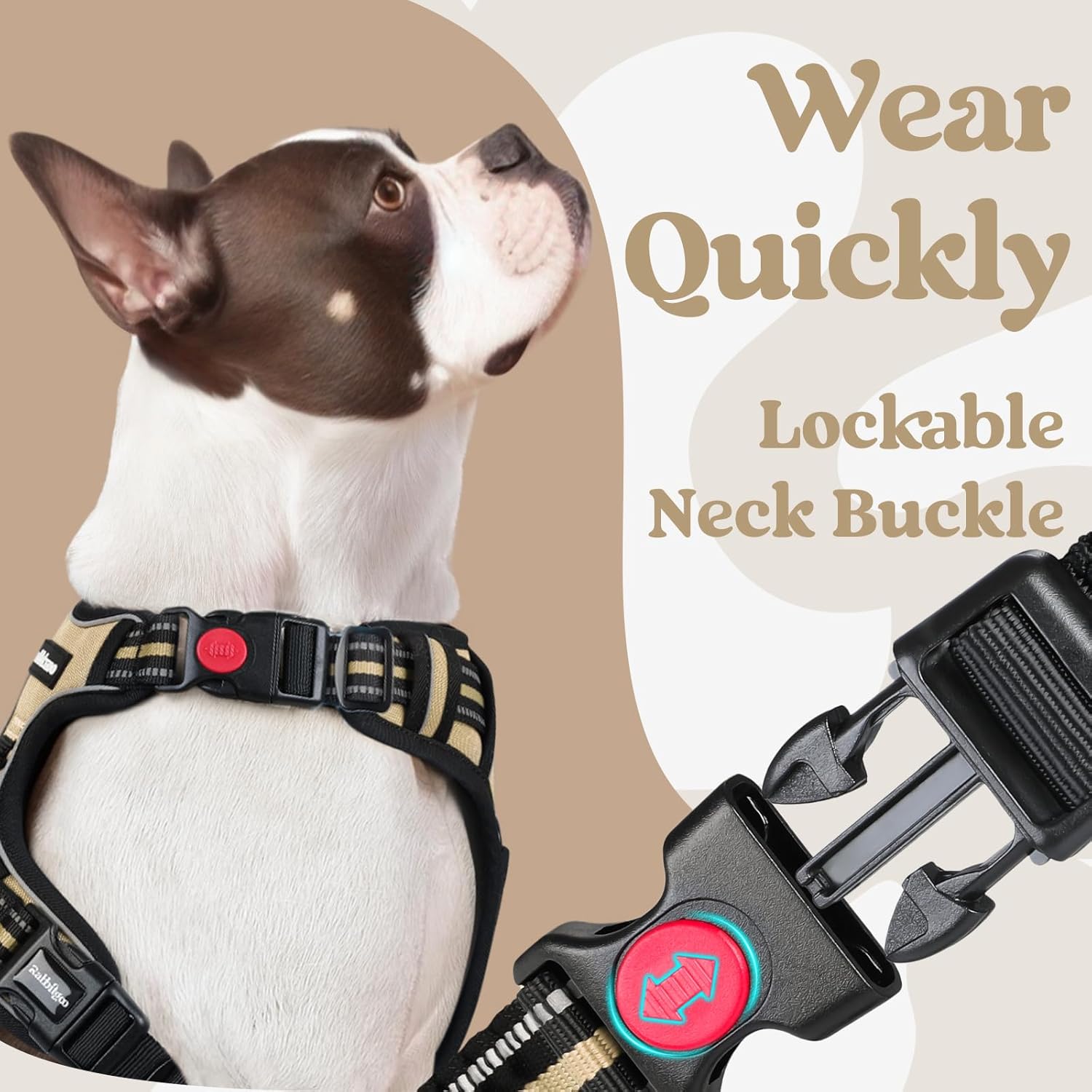 rabbitgoo Dog Harness Medium Sized, No Pull Pet Harness with 3 Buckles, Adjustable Soft Padded Vest with Control Handle, Walking Reflective Pet Vest for Medium Dogs, Beige, M
