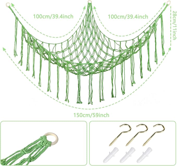 Stuffed Animal Hammock Corner, Hand-knitted Large Plushie Net Toy Hammock with Wooden Rings | Boho Cute Stuff Animal Storage for Nursery & Bedroom | Mesh Kids Toy Organizer Holder Nursery Room Decor
