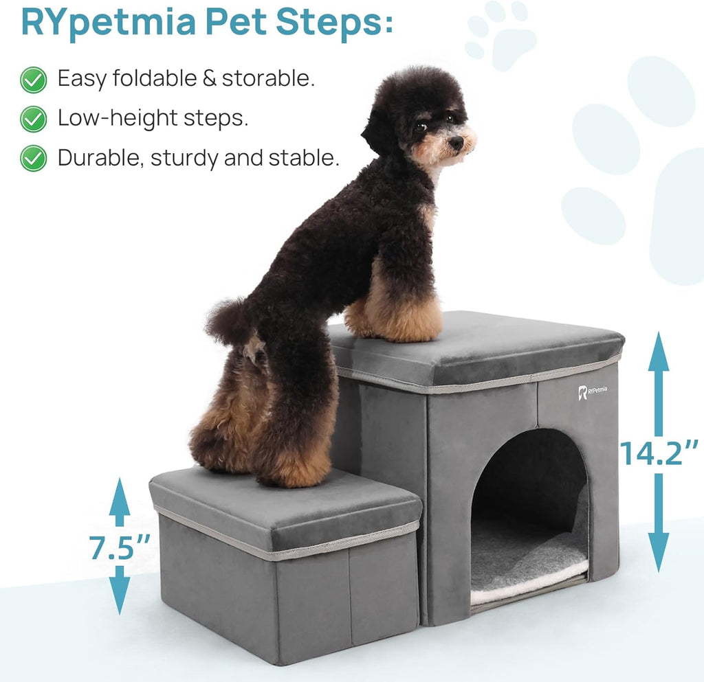 Foldable Pet Stairs for Beds & Sofas - Non-Slip Dog Steps with Storage for Small to Medium Dogs & Cats, Supports up to 120 lbs - Durable 2 & 3-Step Doggie Ladder for Easy Access