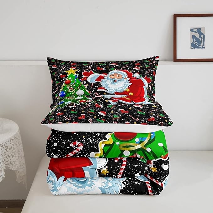 Feelyou Merry Christmas Comforter Set Santa Claus Christmas Tree Galaxy Red Black Bedding Quilt,Soft Warm Lightweight,Twin Size for Girls Boys Kids 1 Comforter + 1 Pillow Case Boys