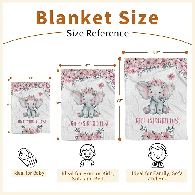 Personalized Baby Blankets for Girls Boys, Custom Elephant Baby Blanket with Name for Kids, Flannel Bed Throw Blanket for Newborn, Customized Baby Gifts for Baby Shower Nursery Blanket(30”x40)