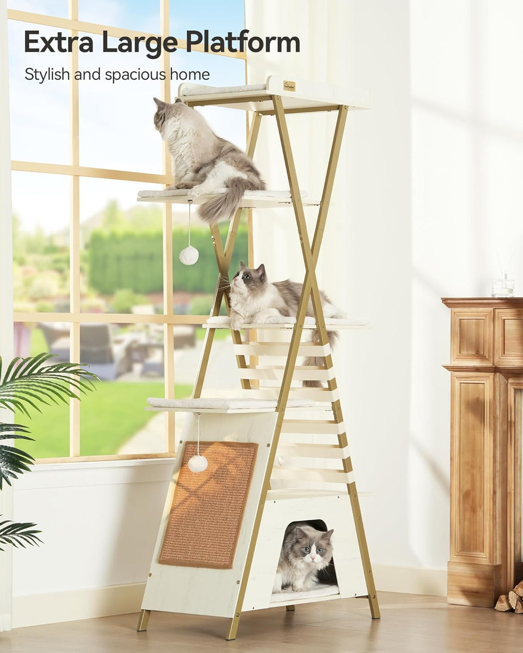 FourFurPets 72.4" Cat Tree, Modern Cat Tower for Indoor Cats, Multi-Level Cat Condo with Caves, Tall Cat Tree with Cat Scratching Board, Wooden Cat Tower with Large Perch, Removable Pads, White