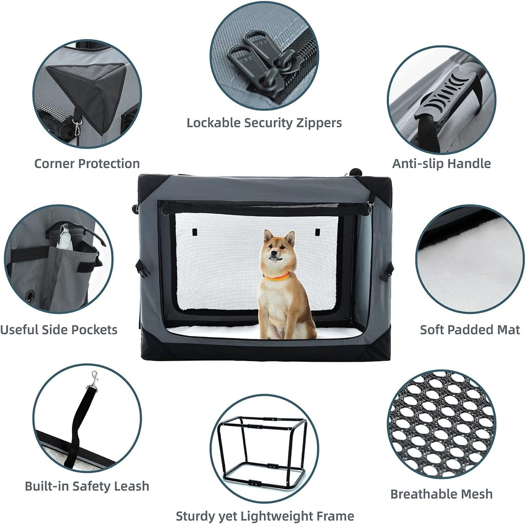 Pettycare 36 Inch Collapsible Crate for Large Dogs, 4-Door Foldable Soft Kennel with Chew Proof Mesh Windows for Indoor & Outdoor Travel