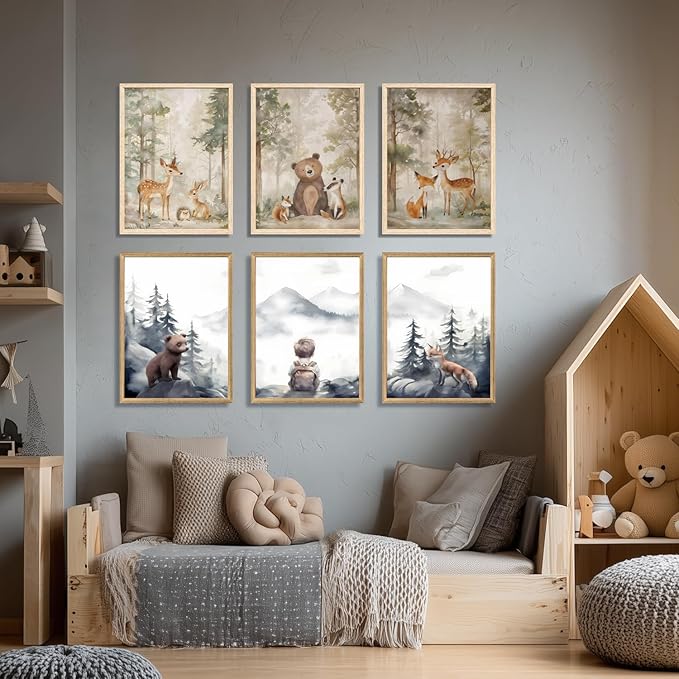 Cyebmo Woodland Animals Wall Art Set of 3, Baby Boy Wild Forest Animals Wall Decor, Deer Bear Fox Canvas Painting, Neutral Aesthetic Pictures for Kids Room Benroom Nursery Wood Framed 16"x24"x3
