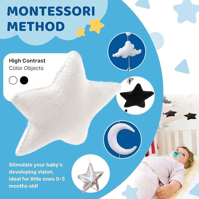 Starry Night Mobile - Cloud and Star Mobile with 12 Piano Lullabies - Black and White Baby Crib Mobile for Boys & Girls