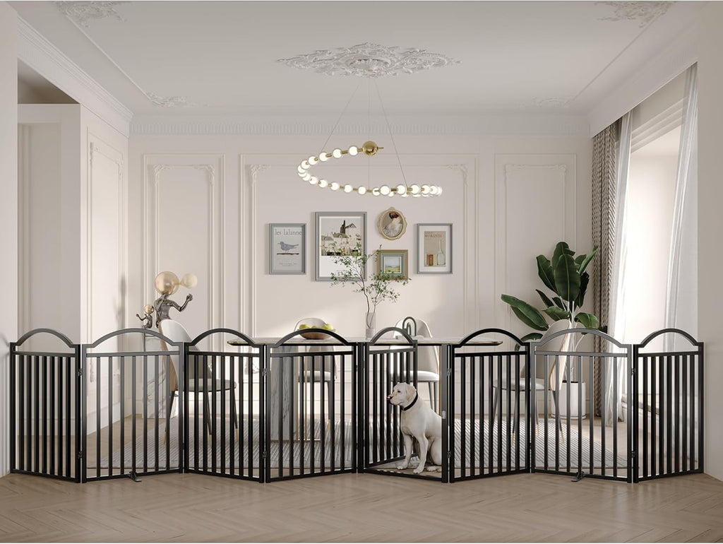 BHG Metal No-Assembly Freestanding Dog Gate with Door Walk Through, Extra Wide 96", Extra Tall 32" Pet Gate, Accordion Puppy Folding Playpen Dog Fence, with 2PCS Support (Black, 8 Panels)