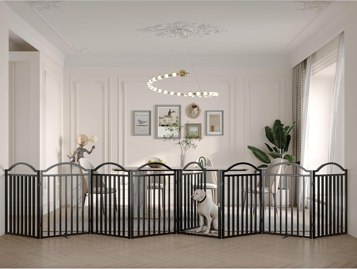 BHG Metal No-Assembly Freestanding Dog Gate with Door Walk Through, Extra Wide 96", Extra Tall 32" Pet Gate, Accordion Puppy Folding Playpen Dog Fence, with 2PCS Support (Black, 8 Panels)