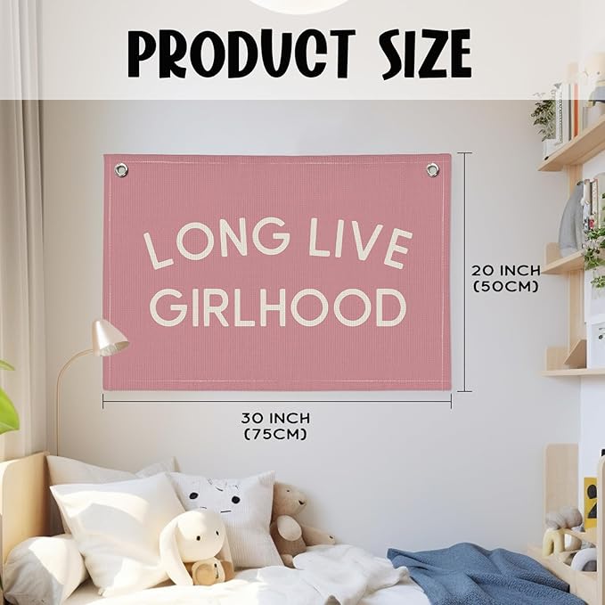 Long Live Girlhood Pink Linen Canvas Wall Banner, Girls Nursery Decor, Toddler Room Wall Hanging, Inspirational Canvas Art, Playroom Sign, Baby Girl Gift Idea 20x30 Inch