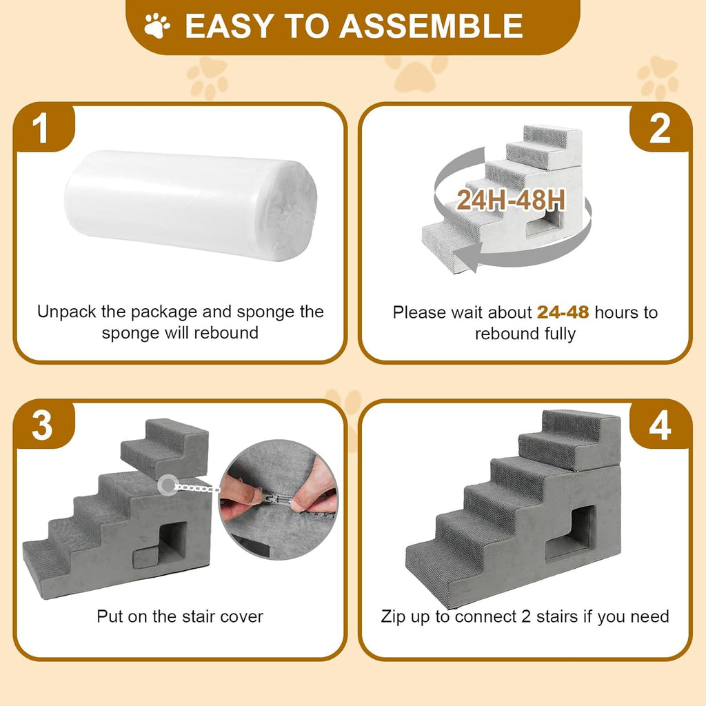 Dog Stairs for Small Dogs 27”H, 6-Step Dog Steps for High Bed, High-Density Foam Pet Stairs with Non-Slip Removable Washable Cover to Get on Bed