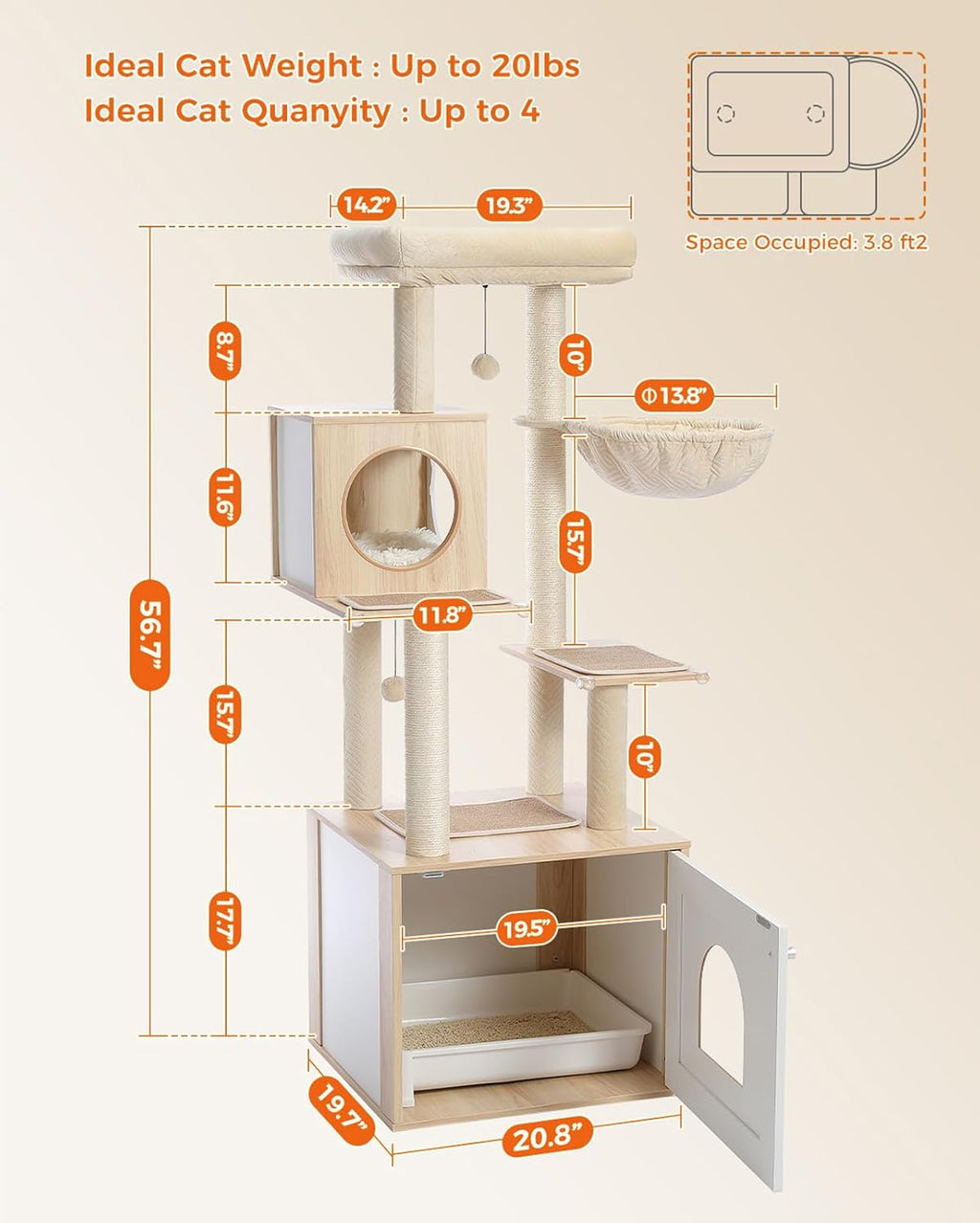Tall Cat Tree with Litter Box Enclosure 56.7" Wooden Cat Tower for Large Cats with Cat Hammock House Bed (Wood Beige)