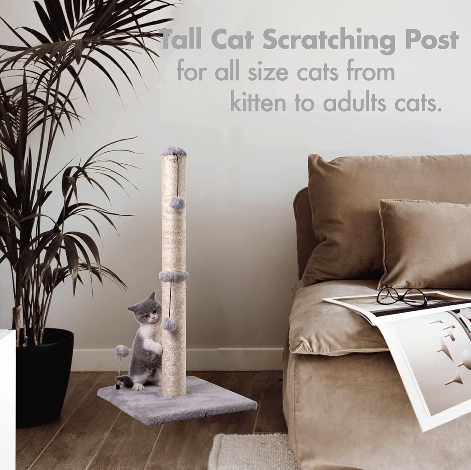 MECOOL 34“ Tall Cat Scratching Post Premium Basics Kitten Scratcher Sisal Scratch Posts Trees with Hanging Ball for Indoor Cats, Gray