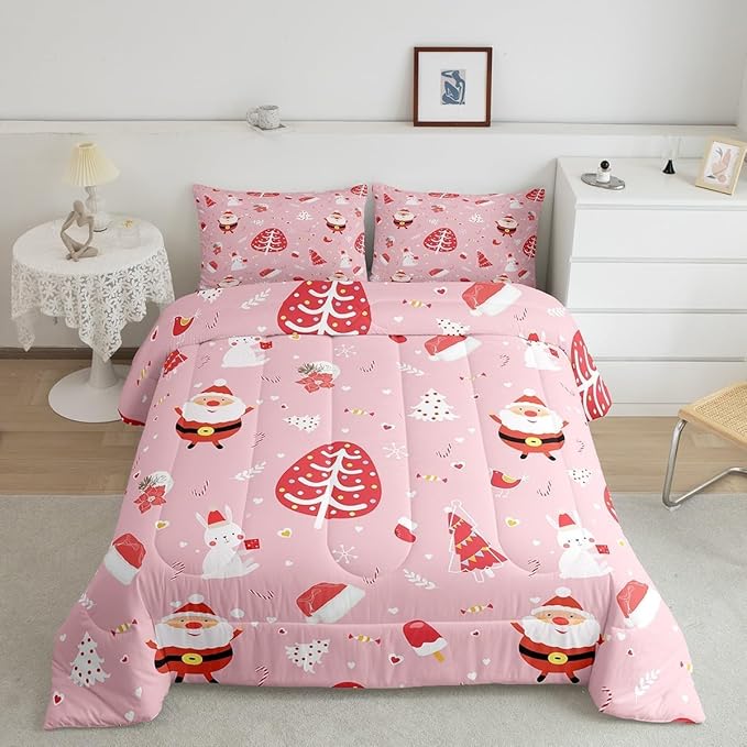 Feelyou Santa Claus Bedding Set Cute Rabbit Kawaii Pink Comforter for Kids Boys Girls Decor Merry Christmas Comforter Set Girly Pink Quilt Set Bedroom Collection 2Pcs Toddler Size