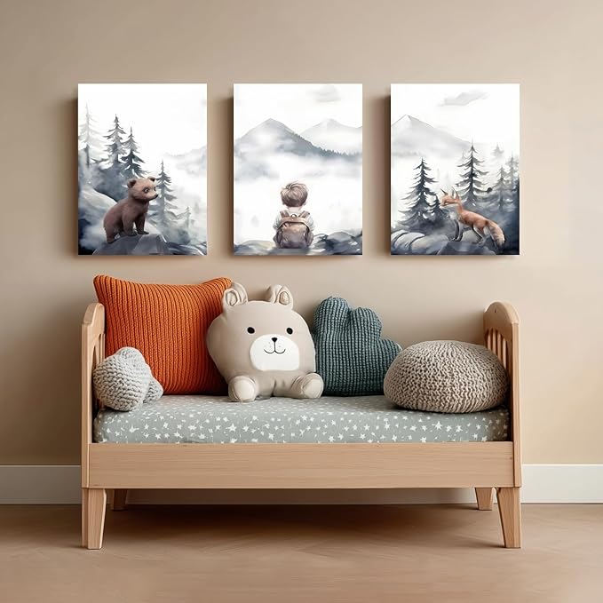 kilamino Neutral Woodland Wild Animal Wall Art, Cute Bear Fox Nursery Wall Decor, Adventure Boy Poster Prints, Vintage Forest Animal Canvas Paintings for Baby Room Classroom Playroom Framed 12"x16"x3