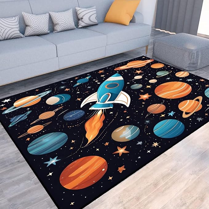 5' x 7' Space Rocket Rug for Kids Bedroom Cartoon Planet Stars Rugs Galaxy Carpet Printed Throw Rugs for Boys Children Living Room,150x210cm