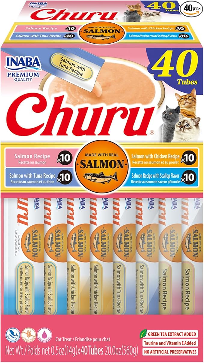INABA Salmon Churu Cat Treats, Squeezable Creamy Purée Cat Treat by INABA