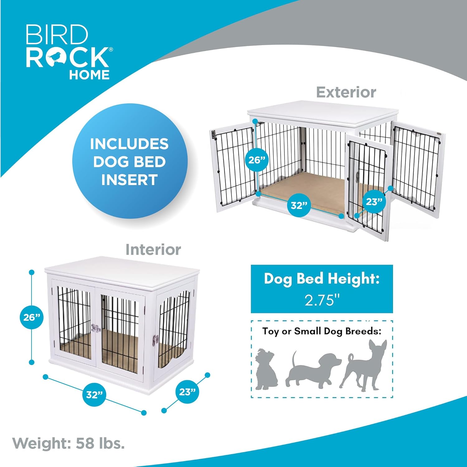 INTERNET'S BEST Decorative Dog Kennel with Pet Bed, Small Pet House, Double Door Indoor Crate, Engineered Wood & Wire Furniture, Side Table & Nightstand, Fits Small Dogs - White