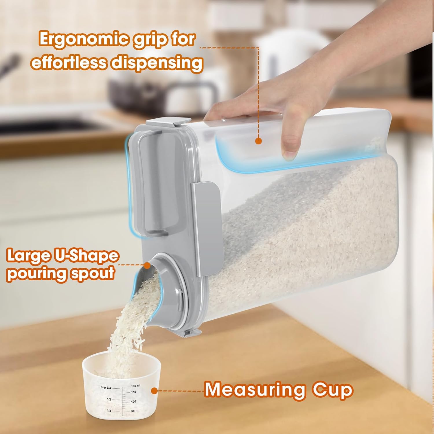 Dog Cat Food Storage Container, 5-7 Lbs Airtight Pet Food Storage Container with Easy-Pouring Spout and Portable Handle, Bird Seed Dispenser, Kitchen Organizer for Rice Cereal Flour -Light Grey