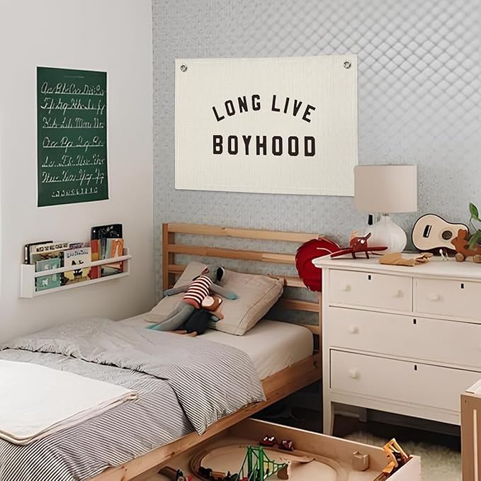 "Long Live Boyhood" Wall Banner 20x30 Inch - Boys Room Decor, Linen Canvas Wall Hanging for Toddler Playroom, Rustic Nursery Sign, Adventure Theme Kids Bedroom Banner - White