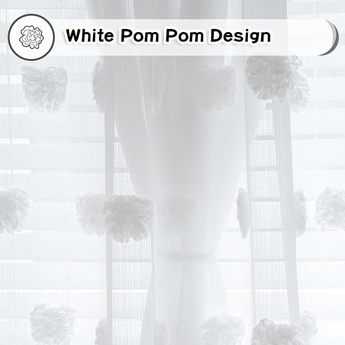 MYSKY HOME Light Blocking White Curtains for Living Room White Sheer Pom Pom Kids Room Decor Drapes 102 Inches Long Double Layer Curtain for Sliding Door Grommet Window Panels Set of 2 52" x 102"