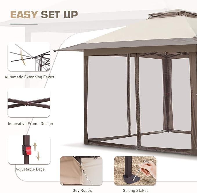 EAGLE PEAK 13x13 Pop Up Gazebo with Mesh Netting, Easy Up Screened Canopy for Patio and Backyard, Easy Set up Outdoor Gazebo (Beige/Brown)